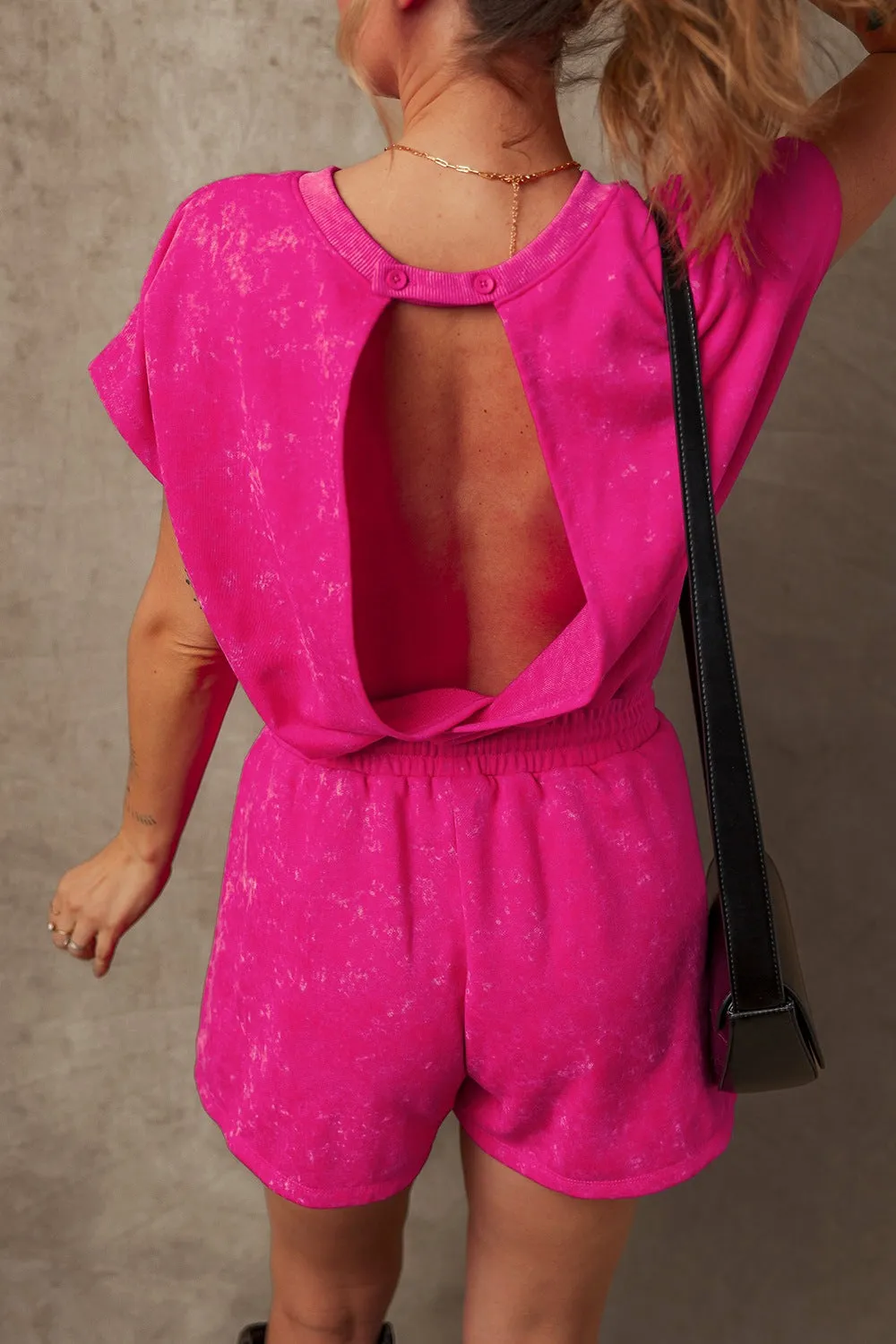 Mineral Wash Hollow Out Back Drawstring Waist Romper sold by Charming Charlie product image thumbnail 4