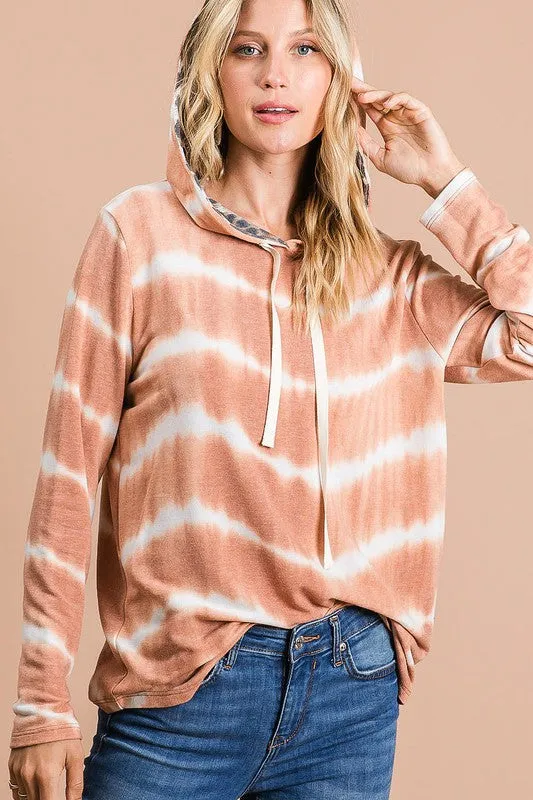 BiBi Tie Dye Stripe Terry Drawstring Hoodie With Leopard sold by Charming Charlie