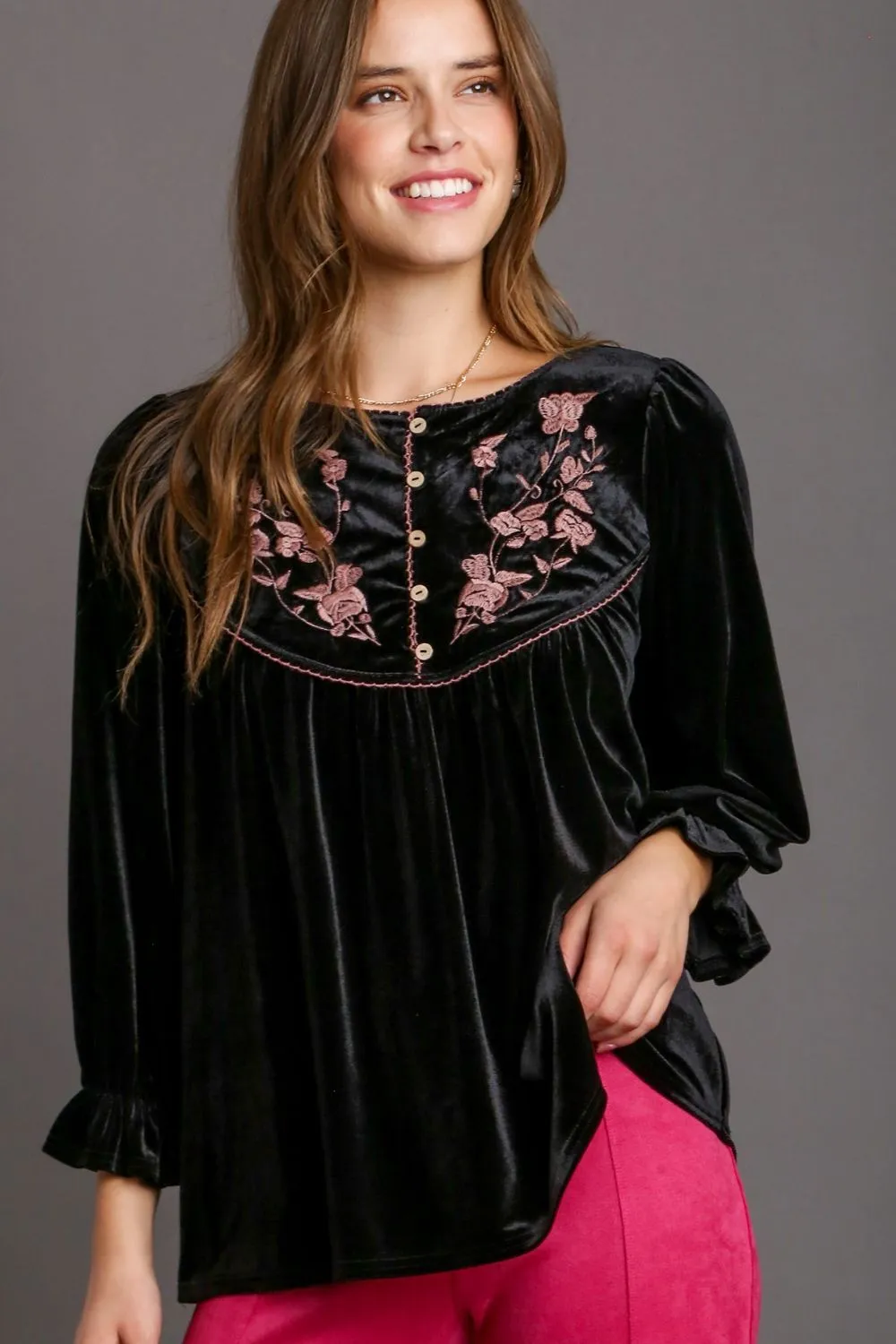 Umgee Full Size Velvet Embroidery Flounce Sleeve Top Plus Size sold by Charming Charlie