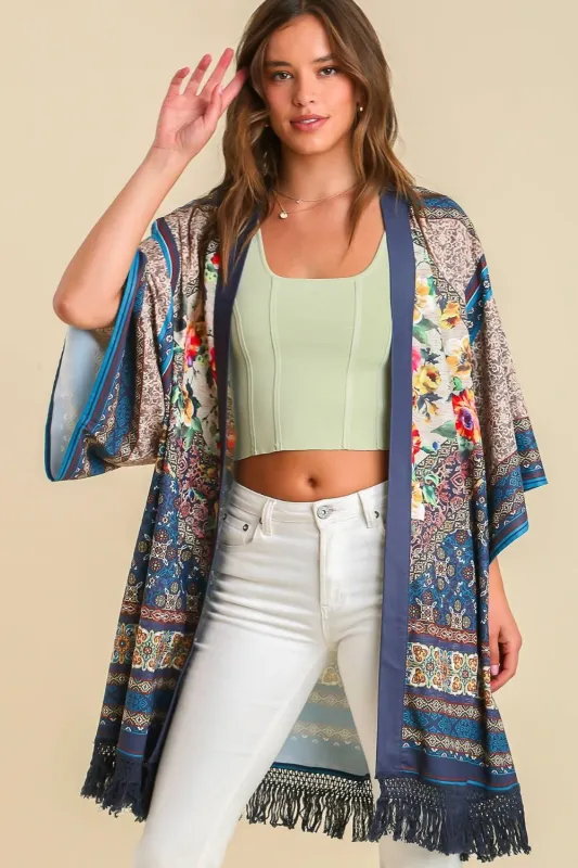 Umgee Full Size Fringe Hem Open Front Printed Kimono Sleeve Cover-Up Plus Size sold by Charming Charlie