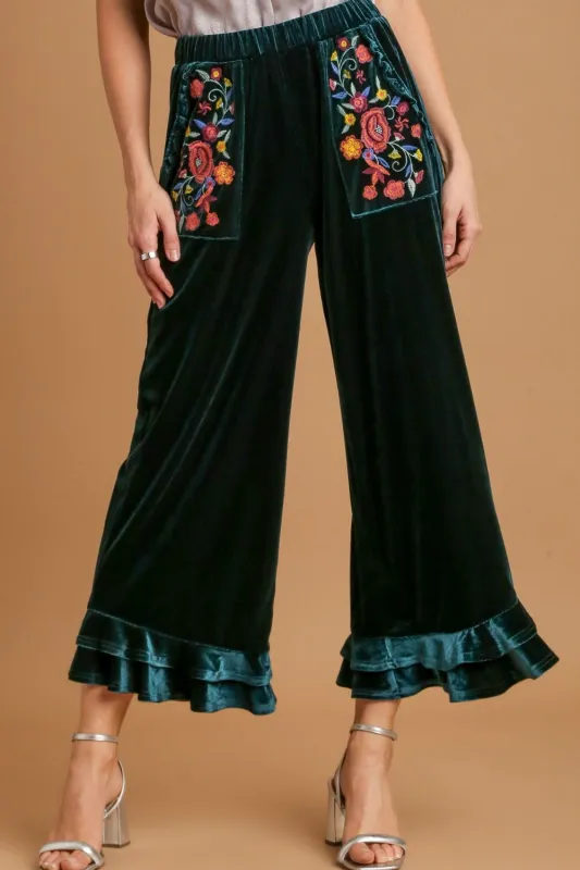 Umgee Full Size Wide Fit Ruffle Velvet Pants with Embroidered Pockets Plus Size made by Charming Charlie