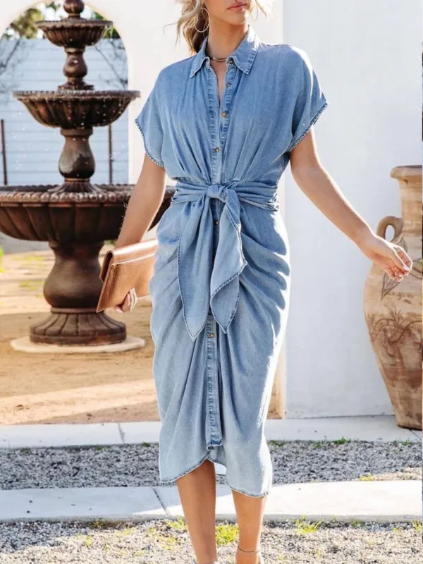Collared Neck Tie Waist Short Sleeve Denim Dress sold by Charming Charlie