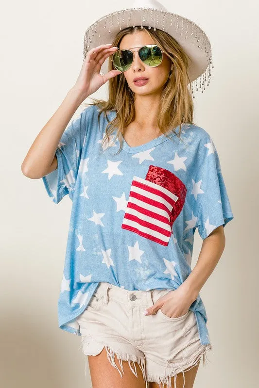 BiBi Star Print Sequin V-Neck Short Sleeve T-Shirt sold by Charming Charlie