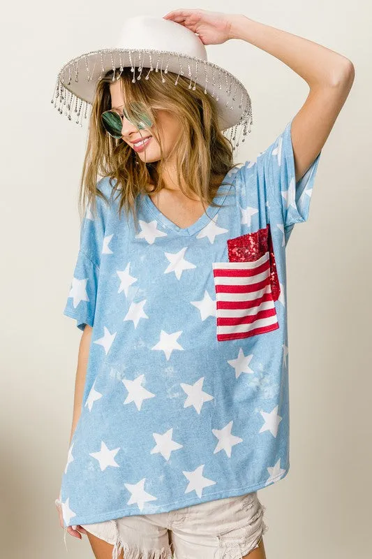 BiBi Star Print Sequin V-Neck Short Sleeve T-Shirt sold by Charming Charlie product image thumbnail 2