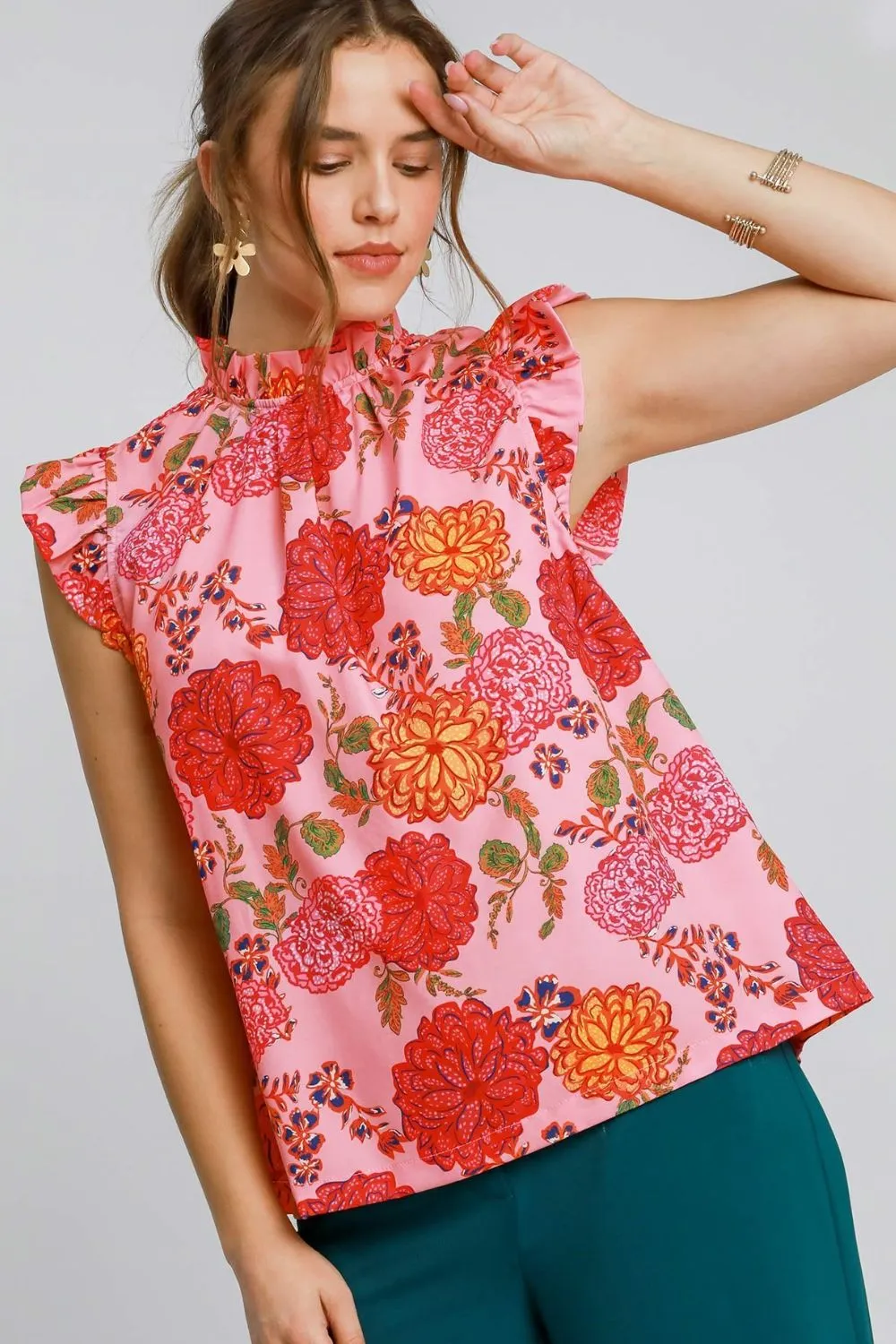 Umgee Full Size Floral Print Ruffled Cap Sleeve Blouse Plus Size sold by Charming Charlie product image thumbnail 2