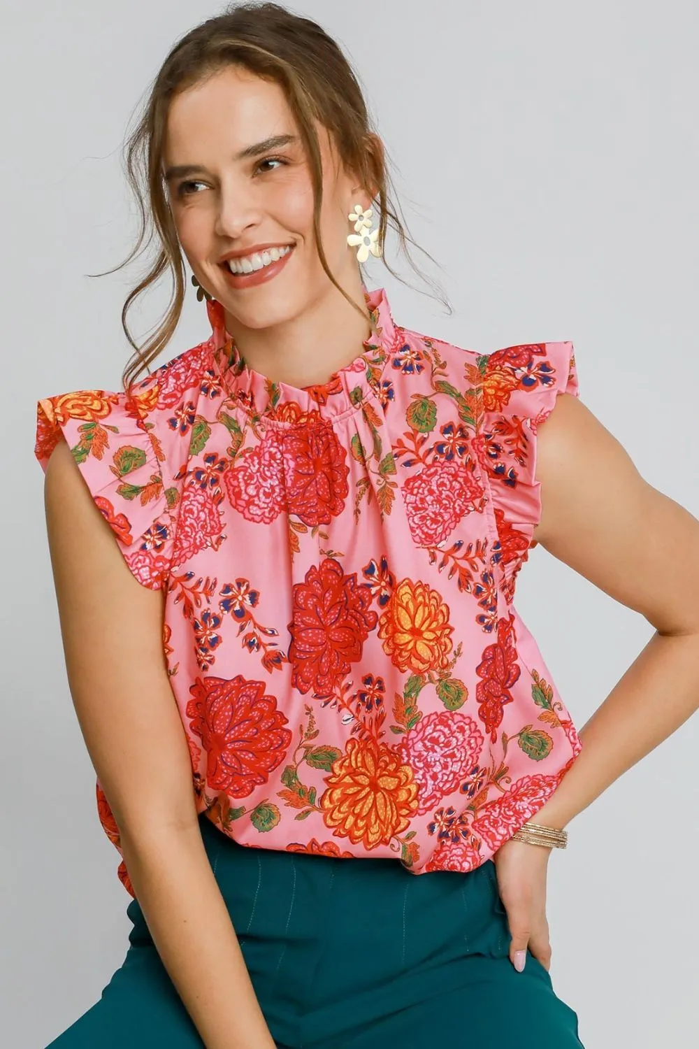 Umgee Full Size Floral Print Ruffled Cap Sleeve Blouse Plus Size sold by Charming Charlie