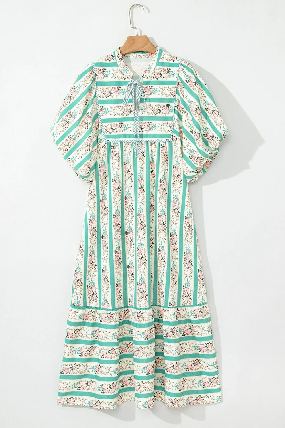 Striped Floral Print Tie Neck Puff Sleeve Midi Dress sold by Charming Charlie product image thumbnail 5