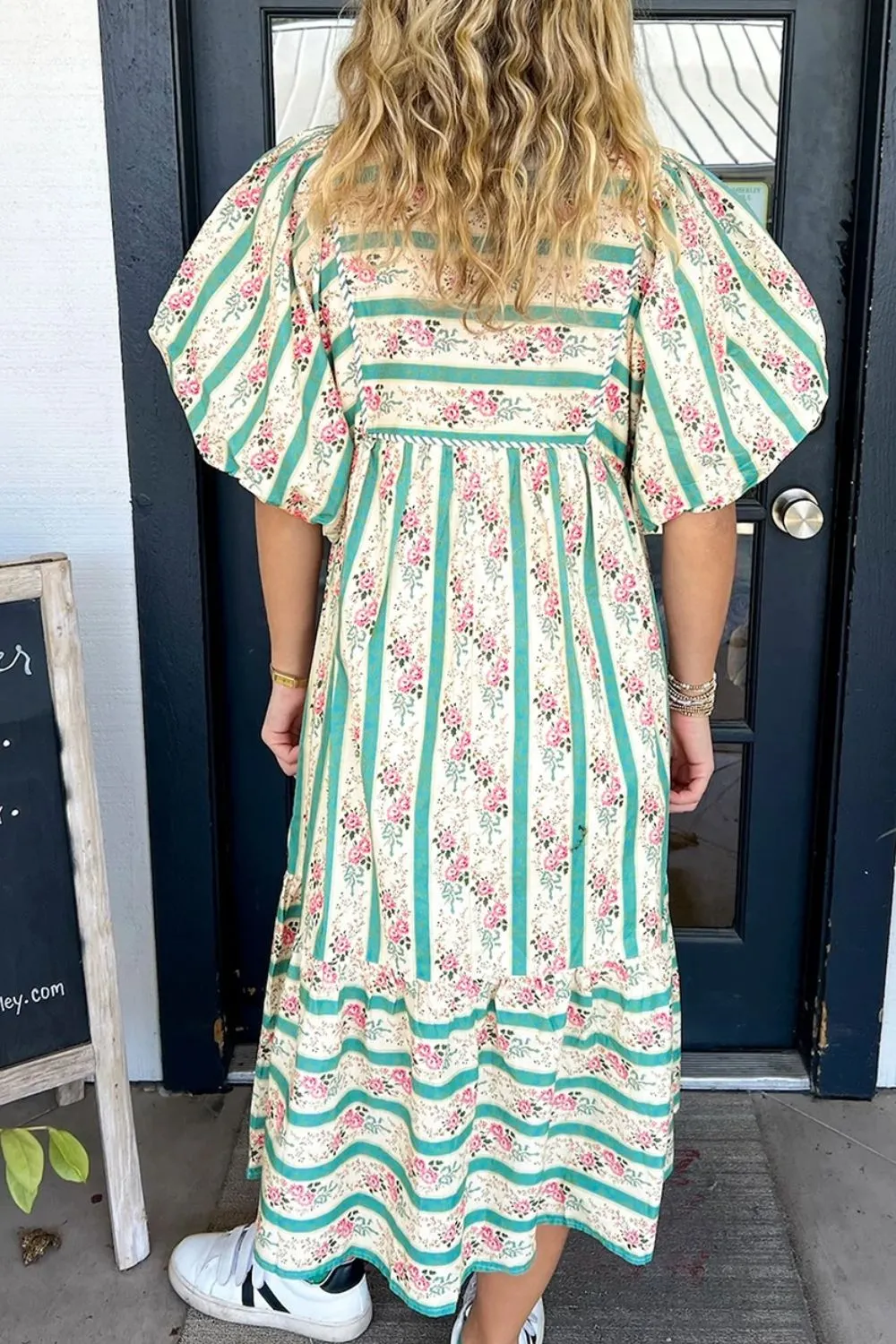 Striped Floral Print Tie Neck Puff Sleeve Midi Dress sold by Charming Charlie product image thumbnail 4