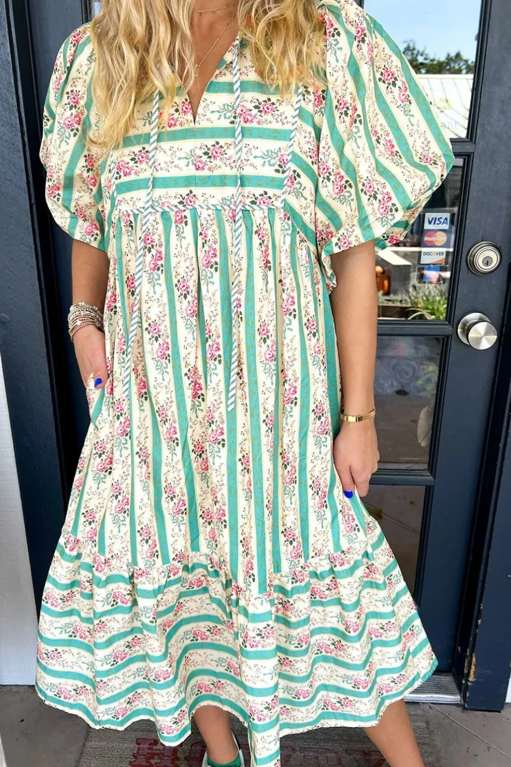 Striped Floral Print Tie Neck Puff Sleeve Midi Dress sold by Charming Charlie product image thumbnail 3