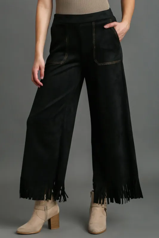 Umgee Full Size Suede Fringe Hem Wide Leg Pants Plus Size sold by Charming Charlie