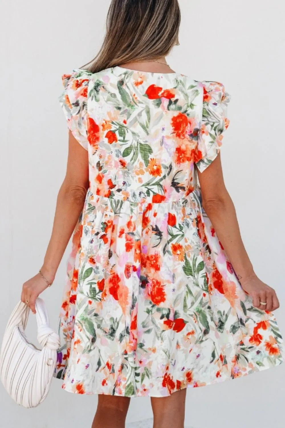 Floral Double Ruffle Sleeve V Neck Mini Dress sold by Charming Charlie product image thumbnail 3