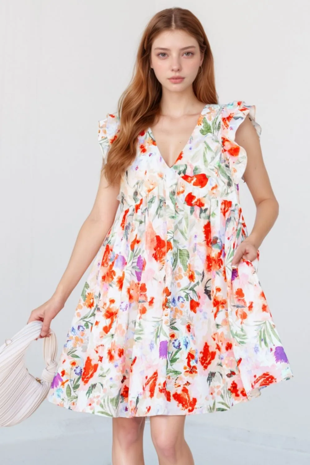 Floral Double Ruffle Sleeve V Neck Mini Dress sold by Charming Charlie product image thumbnail 2