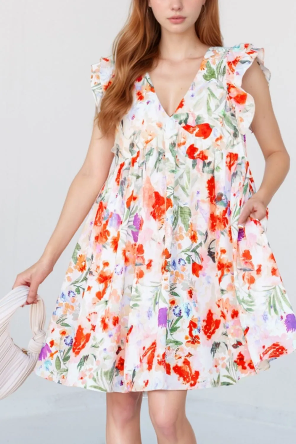 Floral Double Ruffle Sleeve V Neck Mini Dress sold by Charming Charlie