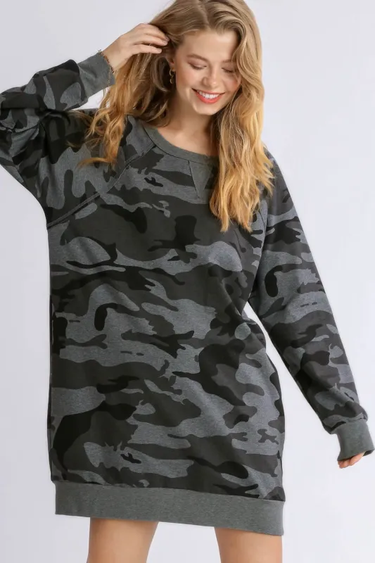 Umgee Full Size Camo Print Ribbed Hem French Terry Mini Dress Plus Size sold by Charming Charlie