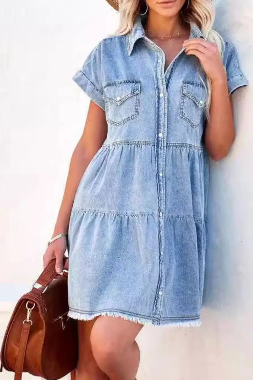 Raw Hem Button Down Denim Mini Dress sold by Charming Charlie
