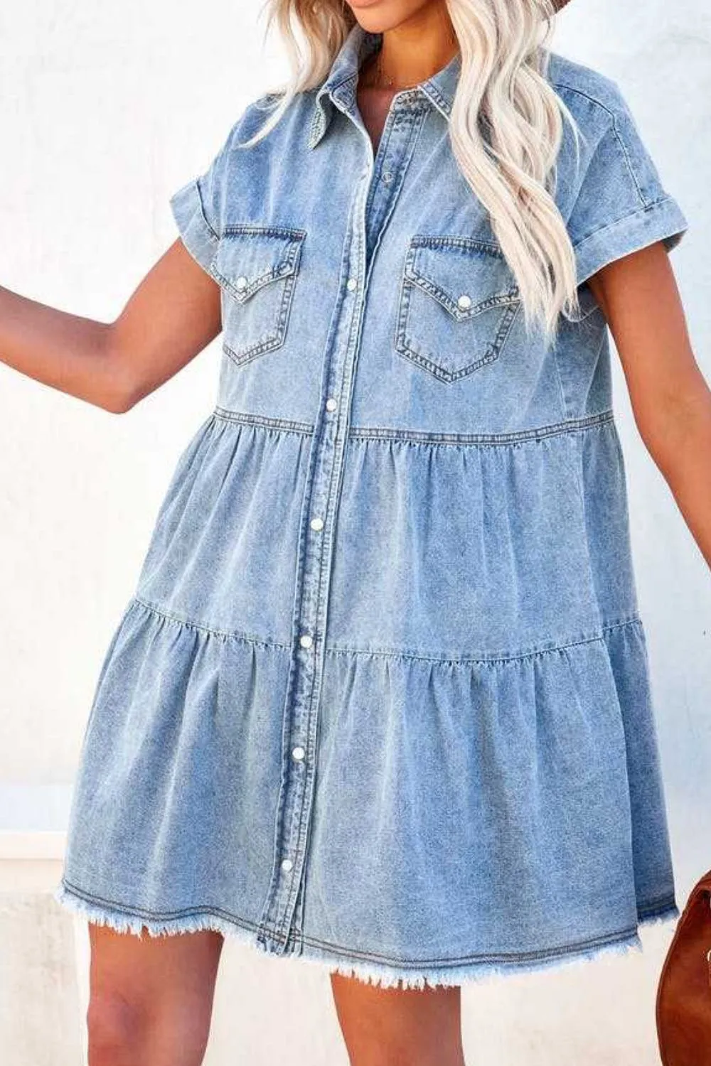 Raw Hem Button Down Denim Mini Dress sold by Charming Charlie product image thumbnail 2