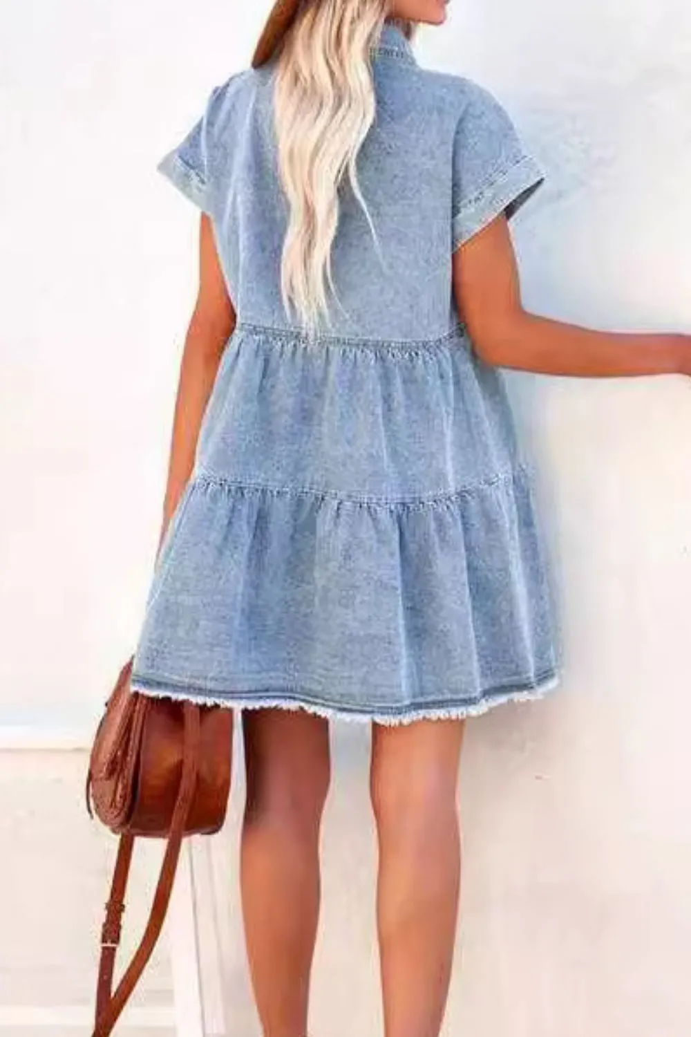 Raw Hem Button Down Denim Mini Dress sold by Charming Charlie product image thumbnail 3