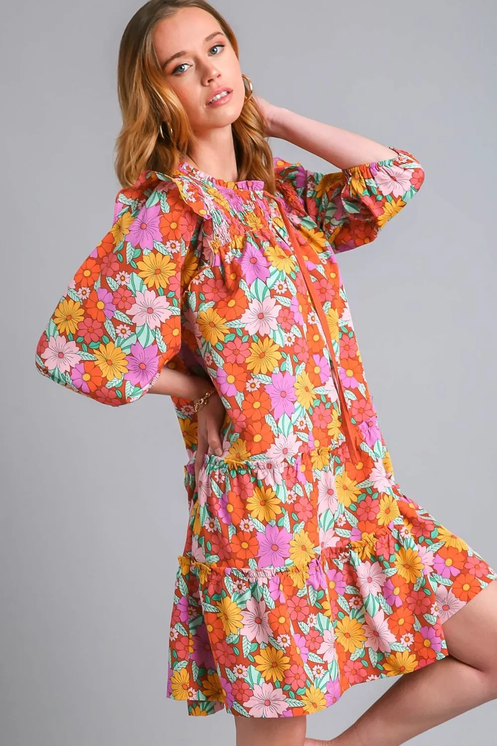 Umgee Full Size Ruffled Flower Print Tie Neck Tiered Dress Plus Size sold by Charming Charlie product image thumbnail 2