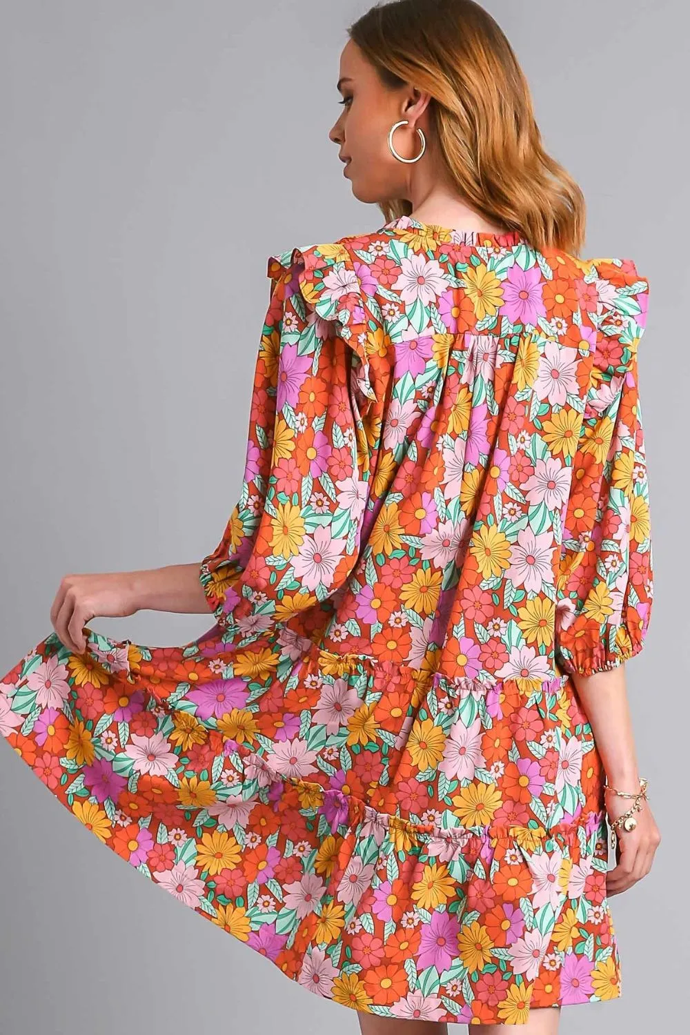 Umgee Full Size Ruffled Flower Print Tie Neck Tiered Dress Plus Size sold by Charming Charlie product image thumbnail 3