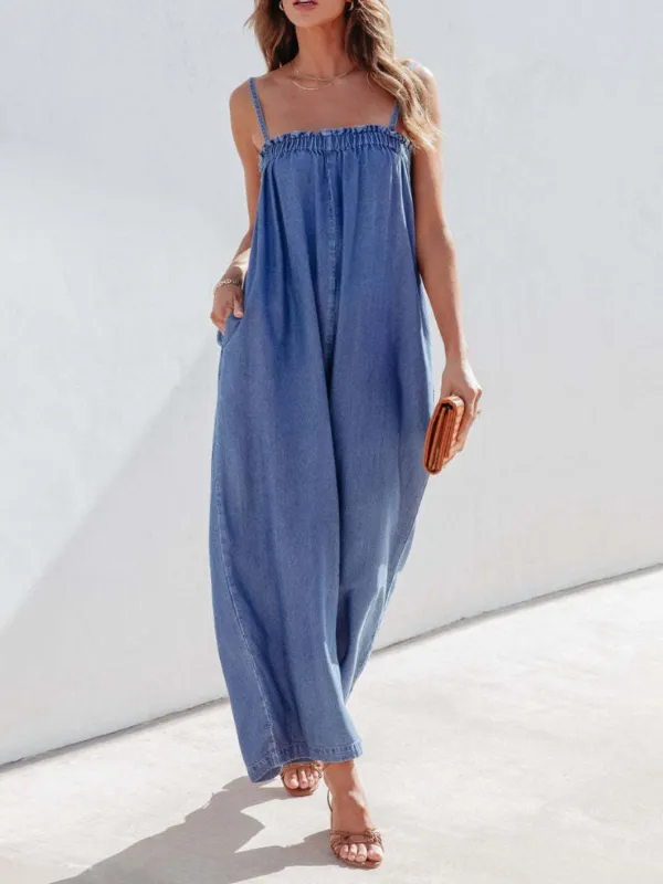 Spaghetti Strap Wide Leg Denim Jumpsuit sold by Charming Charlie