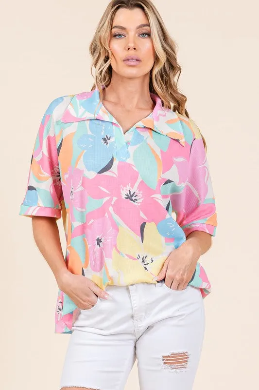BOMBOM Floral Collared Neck Half Sleeve Top sold by Charming Charlie