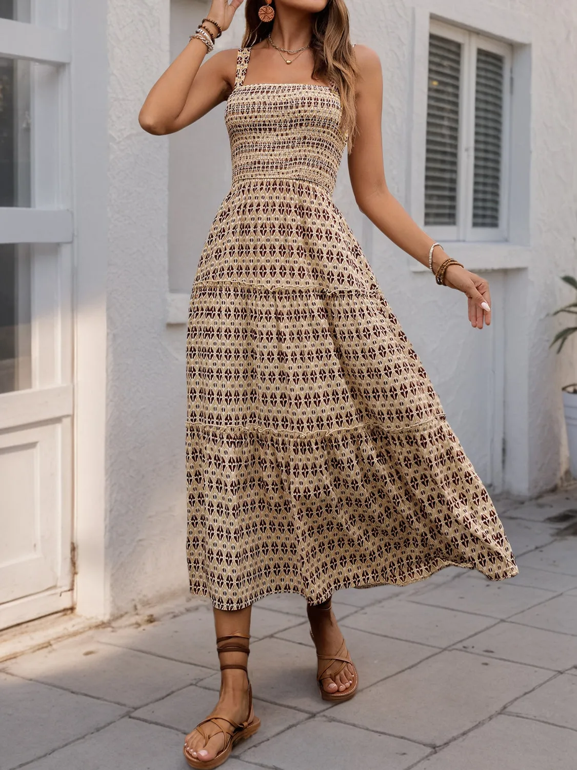 Printed Tiered Wide Strap Midi Dress sold by Charming Charlie