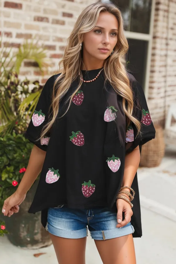 Sequin Strawberry High Low Half Sleeve Relaxed Fit T-Shirt sold by Charming Charlie product image thumbnail 2