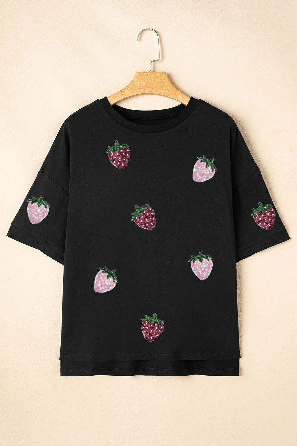 Sequin Strawberry High Low Half Sleeve Relaxed Fit T-Shirt sold by Charming Charlie product image thumbnail 3