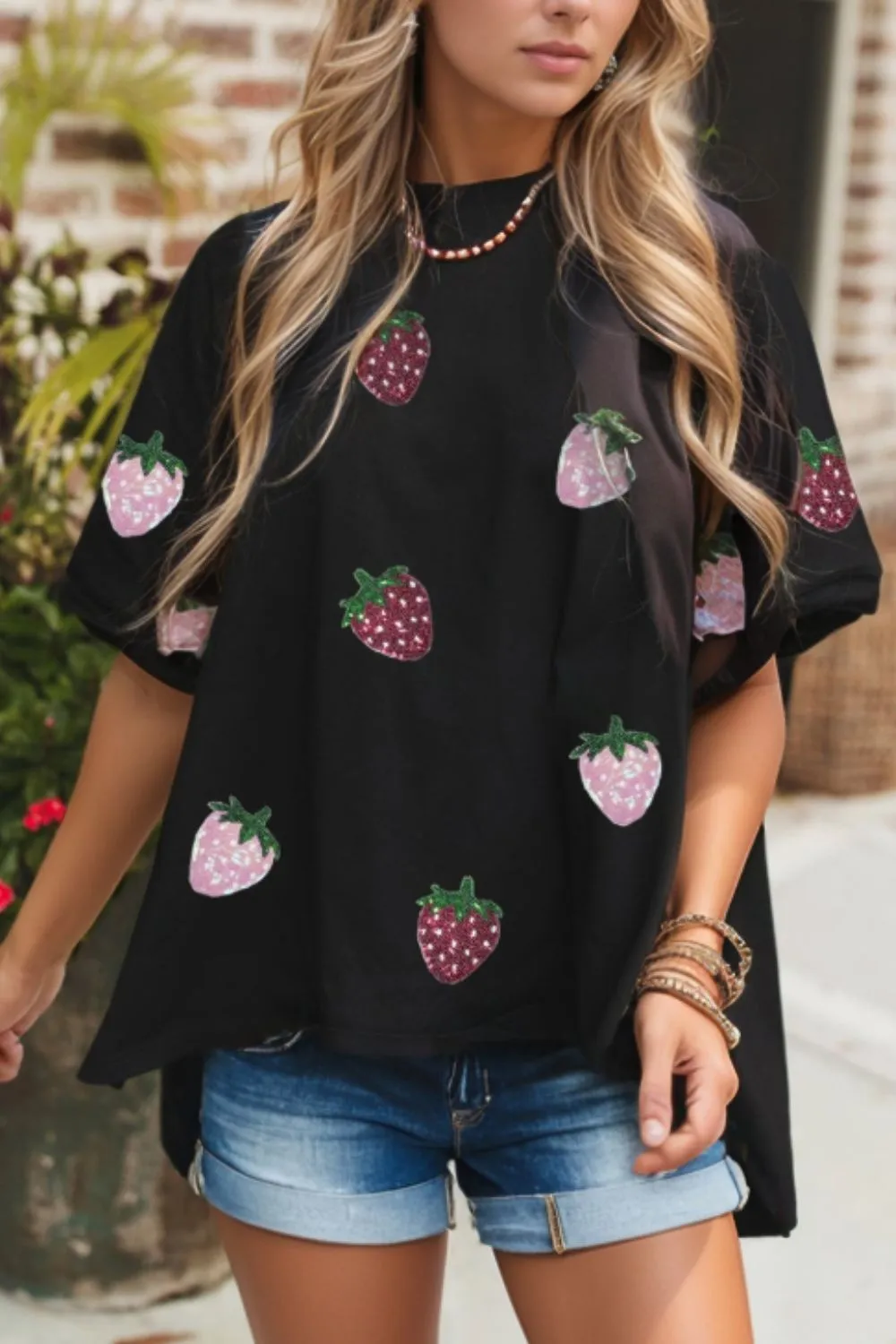 Sequin Strawberry High Low Half Sleeve Relaxed Fit T-Shirt sold by Charming Charlie