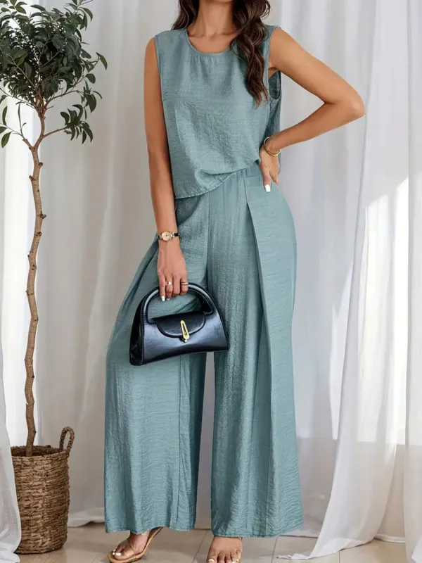 Round Neck Sleeveless Top and Wide Leg Pants Set sold by Charming Charlie