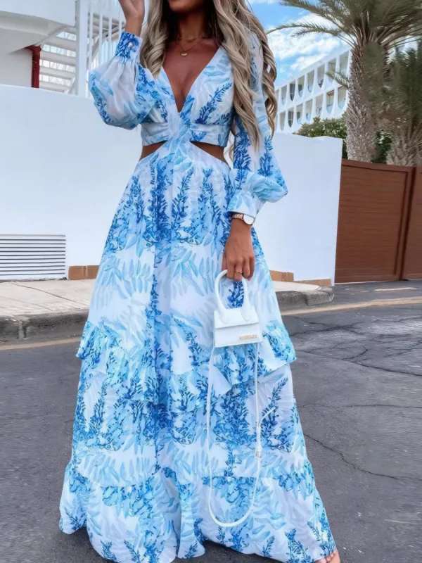 Ruffled Printed Cutout Plunge Maxi Dress sold by Charming Charlie