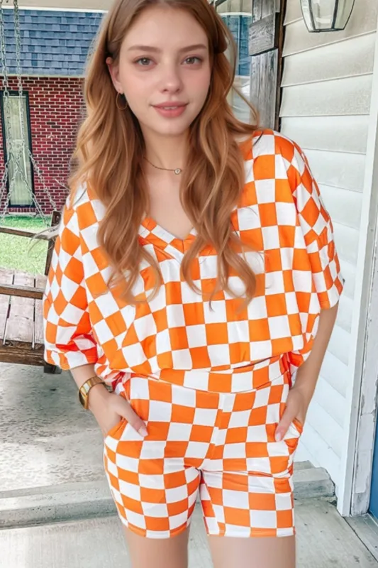 Checkerboard V Neck Loose Tee and Shorts Set sold by Charming Charlie
