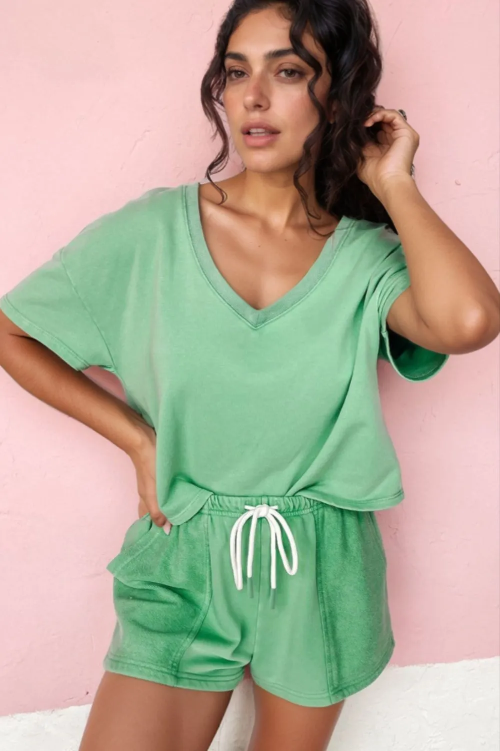 V-Neck Short Sleeve Loose Top and Drawstring Shorts Set sold by Charming Charlie