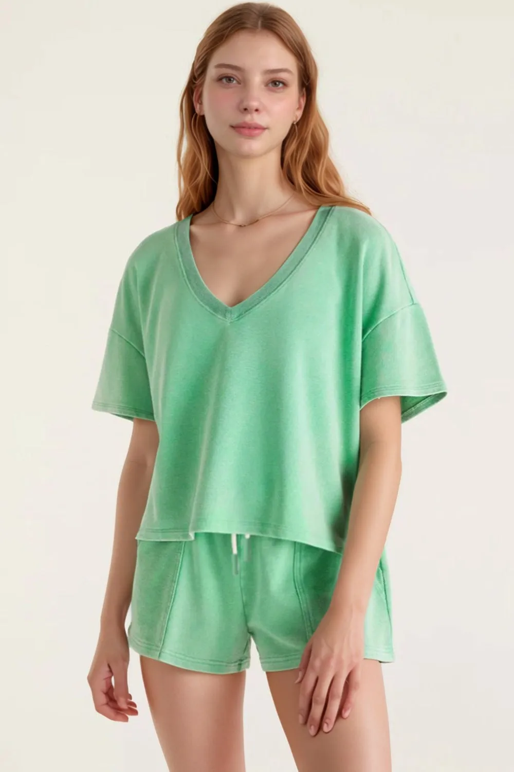 V-Neck Short Sleeve Loose Top and Drawstring Shorts Set sold by Charming Charlie product image thumbnail 4