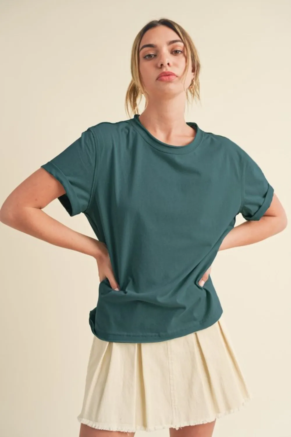 Aemi + Co Exposed Seam Round Neck Short Sleeve T-Shirt sold by Charming Charlie