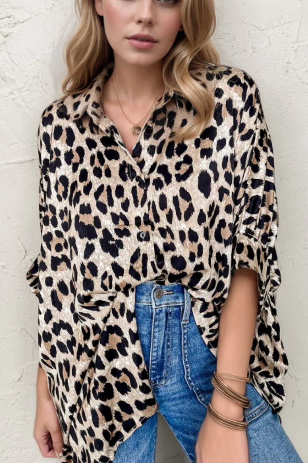 Leopard Print Buttoned 3/4 Sleeve Loose Fit Shirt sold by Charming Charlie