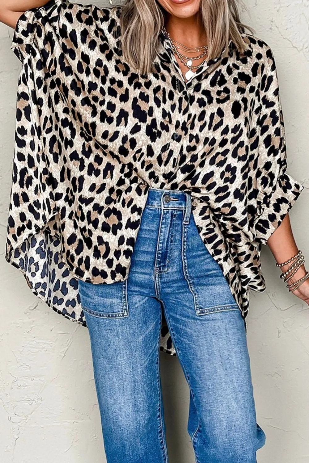 Leopard Print Buttoned 3/4 Sleeve Loose Fit Shirt sold by Charming Charlie product image thumbnail 4