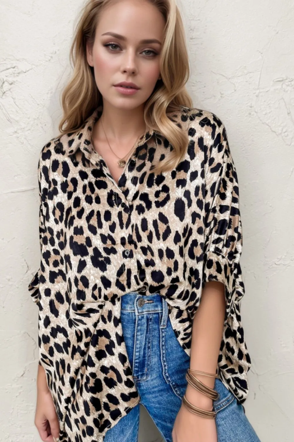 Leopard Print Buttoned 3/4 Sleeve Loose Fit Shirt sold by Charming Charlie product image thumbnail 2