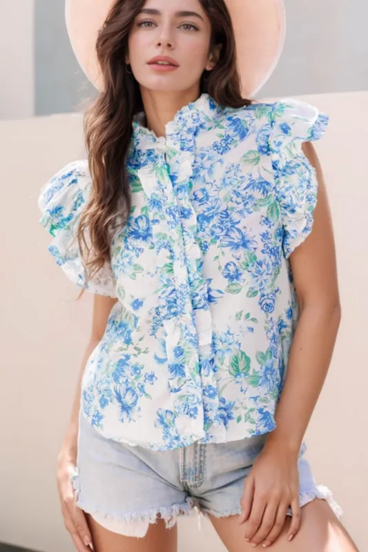 Floral Print Ruffle Sleeve Frilly Button Up Shirt sold by Charming Charlie