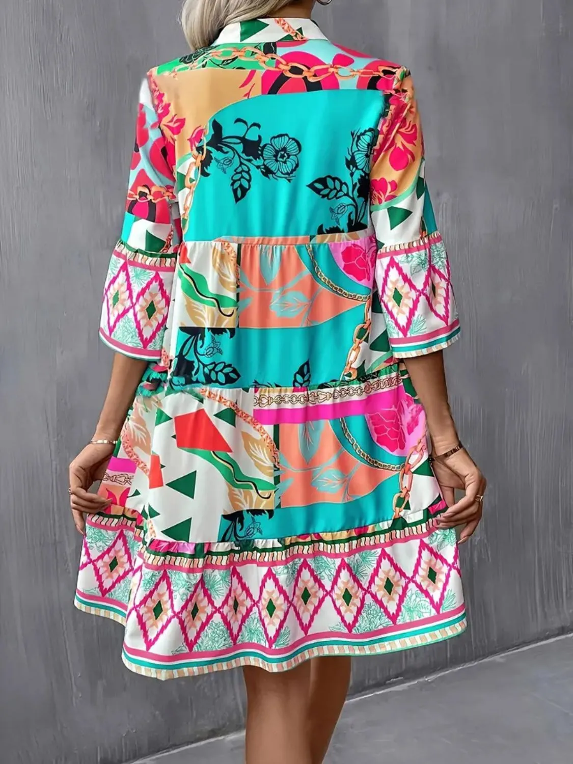 Printed Notched 3/4 Sleeve Tiered Dress sold by Charming Charlie product image thumbnail 2