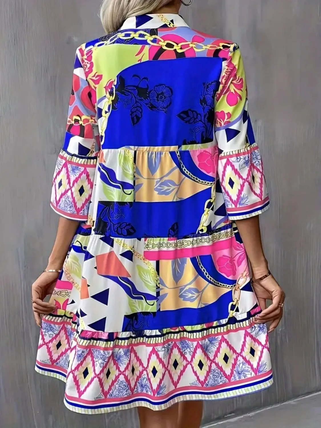 Printed Notched 3/4 Sleeve Tiered Dress sold by Charming Charlie product image thumbnail 5