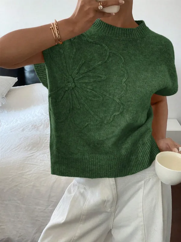 Flower Ribbed Hem Round Neck Cap Sleeve Sweater sold by Charming Charlie