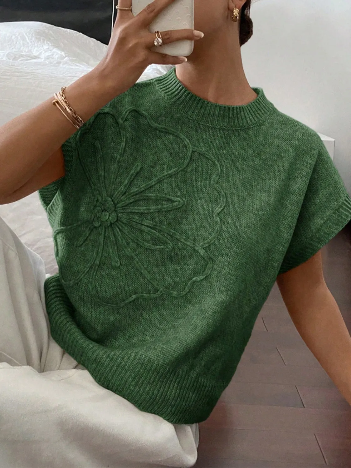 Flower Ribbed Hem Round Neck Cap Sleeve Sweater sold by Charming Charlie product image thumbnail 4