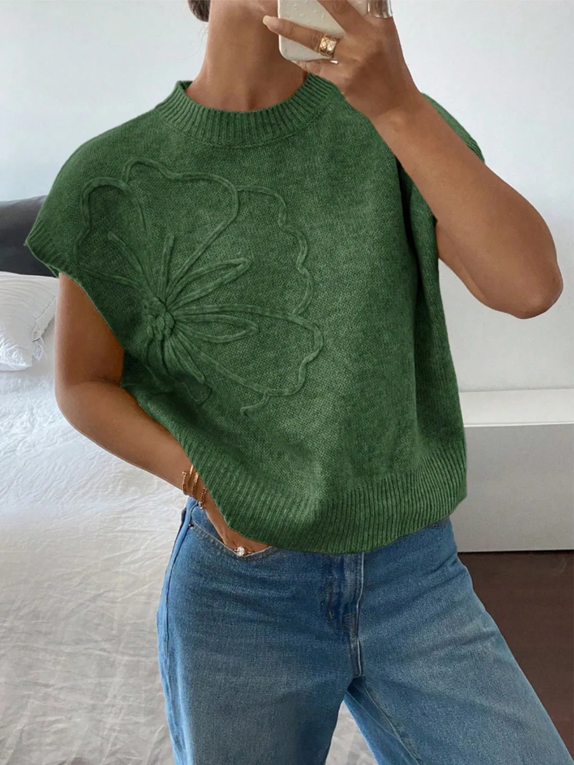 Flower Ribbed Hem Round Neck Cap Sleeve Sweater sold by Charming Charlie product image thumbnail 5