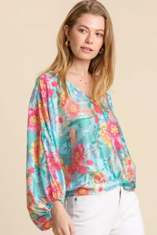Umgee USA Full Size Floral Print Smocked Back Hem V-Neck Blouse Plus Size sold by Charming Charlie