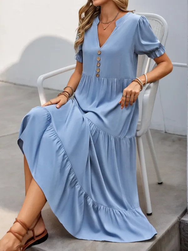 Notched Short Sleeve Tiered Midi Dress sold by Charming Charlie