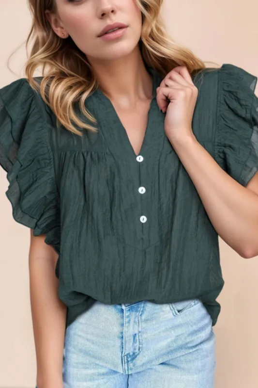 Frilled Notched Ruffled Cap Sleeve Blouse sold by Charming Charlie
