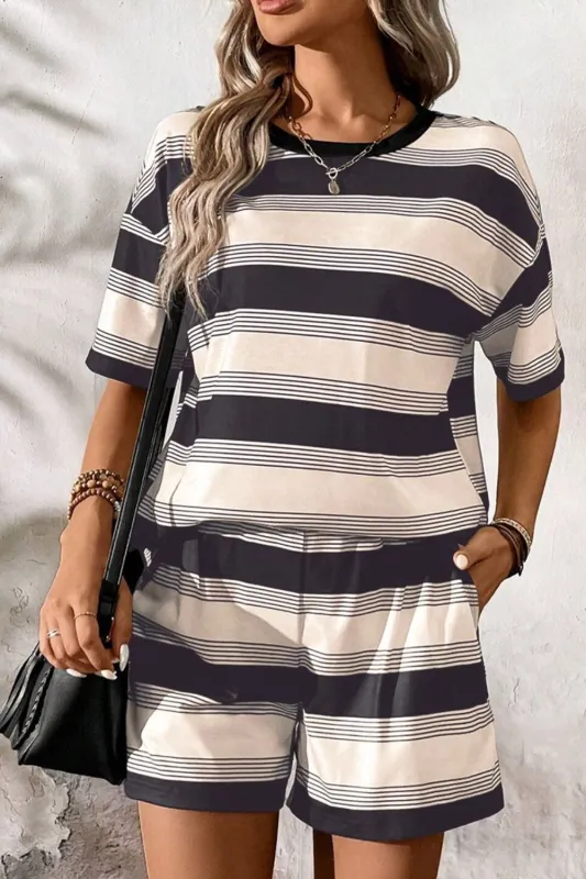 Stripe Half Sleeve T-Shirt and High Waist Pocketed Shorts Set sold by Charming Charlie