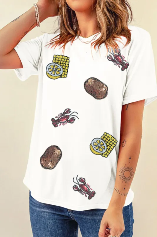 Sequin Crawfish Potato Round Neck Short Sleeve T-Shirt sold by Charming Charlie