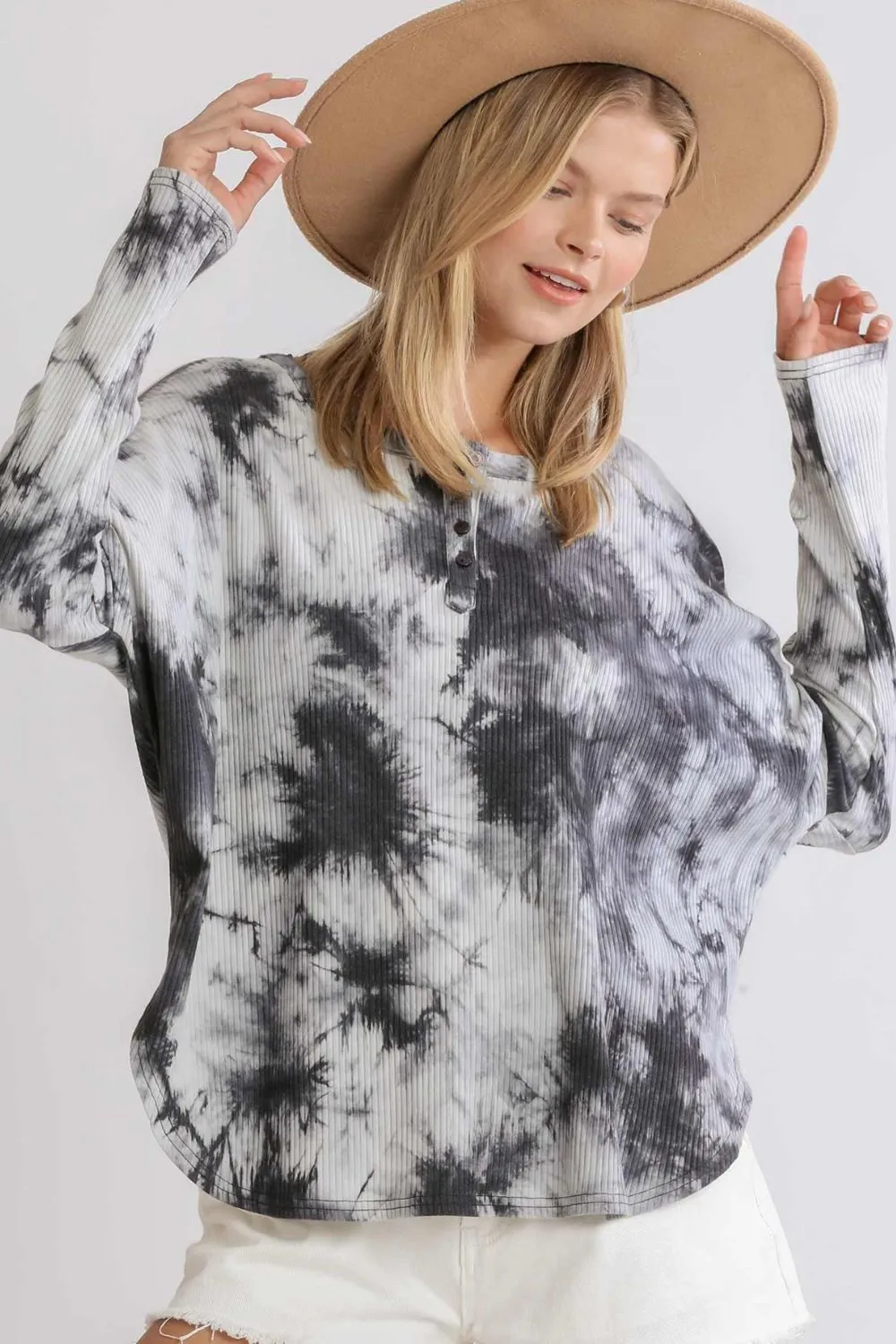 Umgee Full Size Tie Dye Round Neck Ribbed Button Front Top Plus Size sold by Charming Charlie product image thumbnail 2
